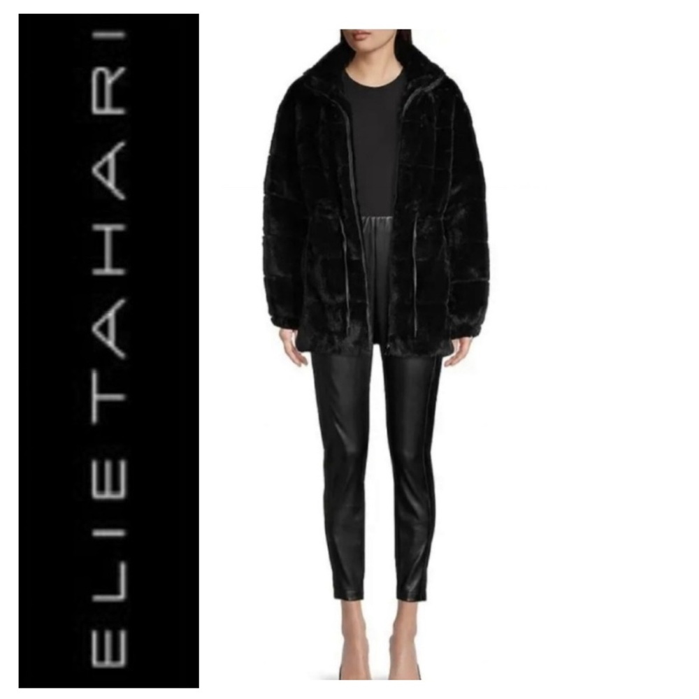 🎄 ELIE TAHARI Black Faux Fur Jacket Coat Cinch Waist Soft Luxurious NWT $345 S
